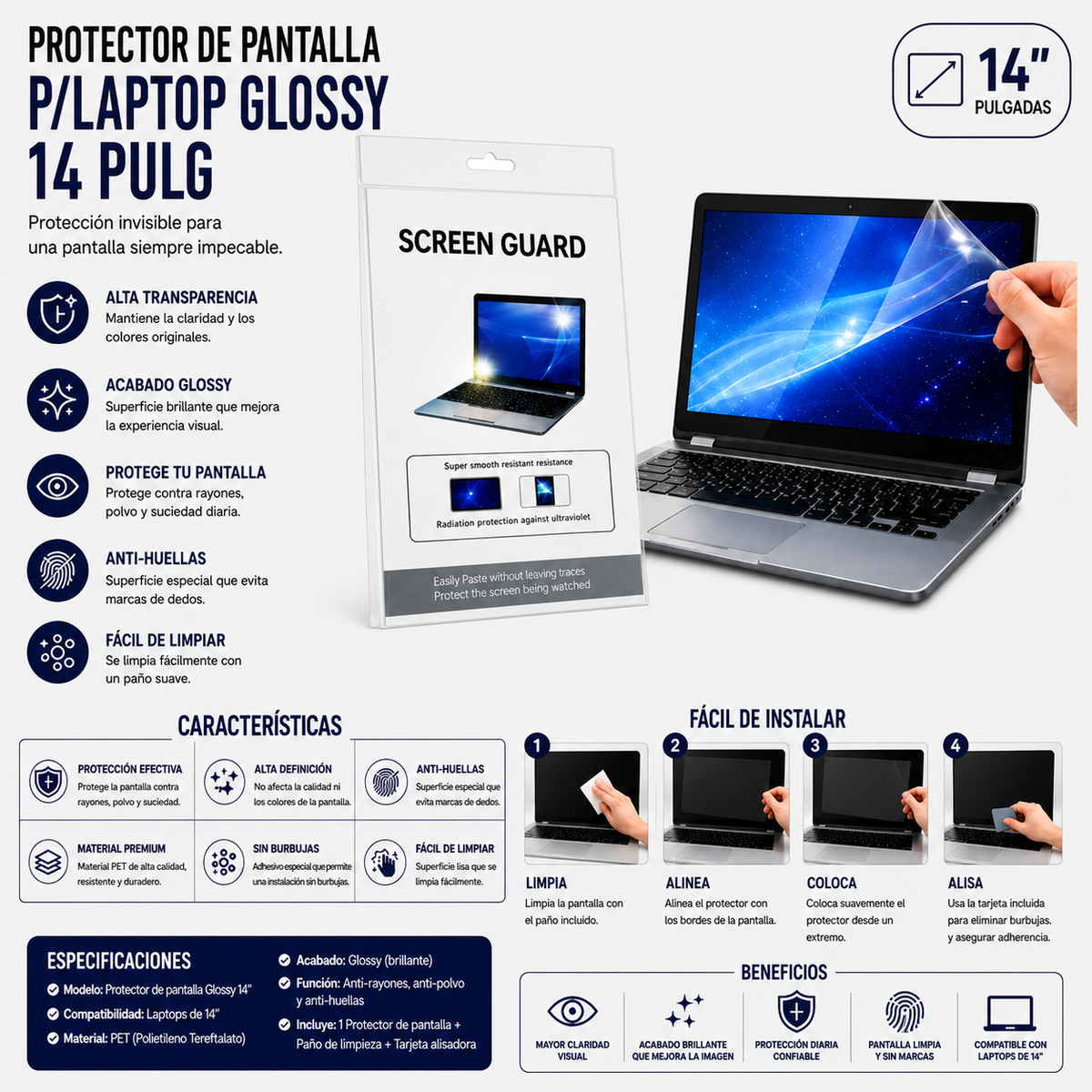 PROTECTOR DE PANTALLA GLOSSY PARA LAPTOP 14 Pulgadas