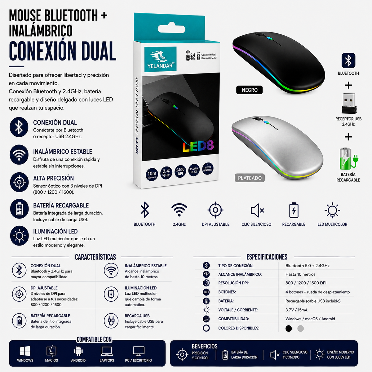 Mouse Bluetooth + Inalámbrico Recargable Yelandar LED8