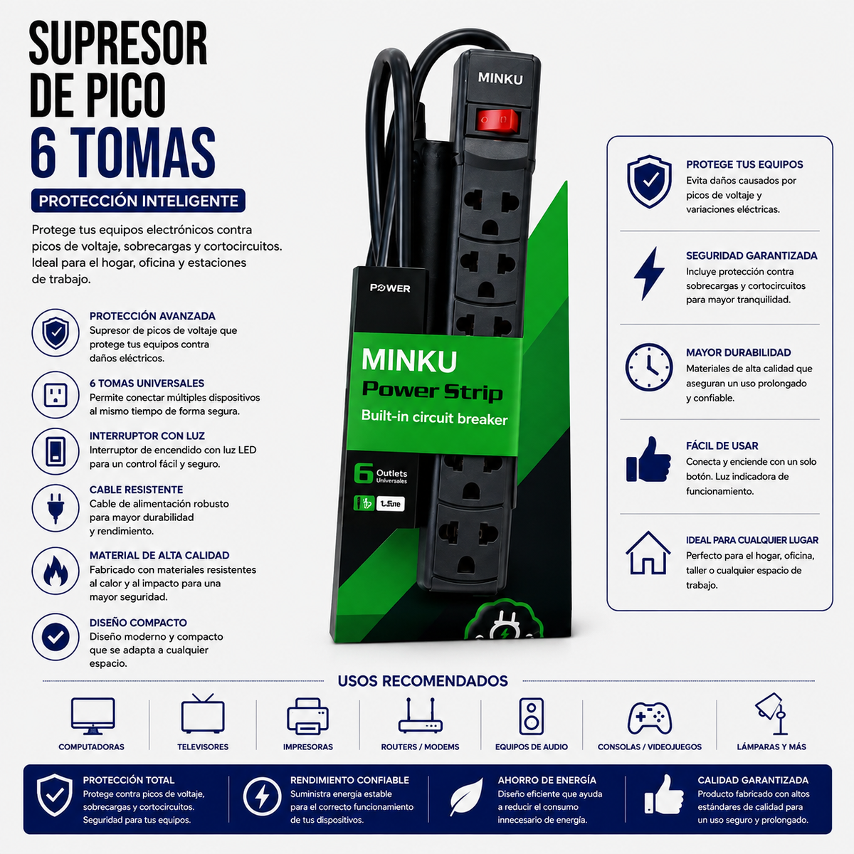 Supresor de Picos Minku PS-001B – 6 Tomas