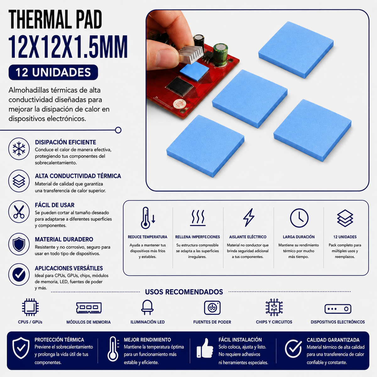 Thermal Pad 12 × 12 × 1.5 mm – Paquete x 12 Unidades