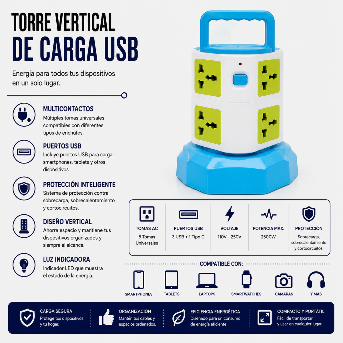 Torre Vertical de Carga USB con Tomas Universales