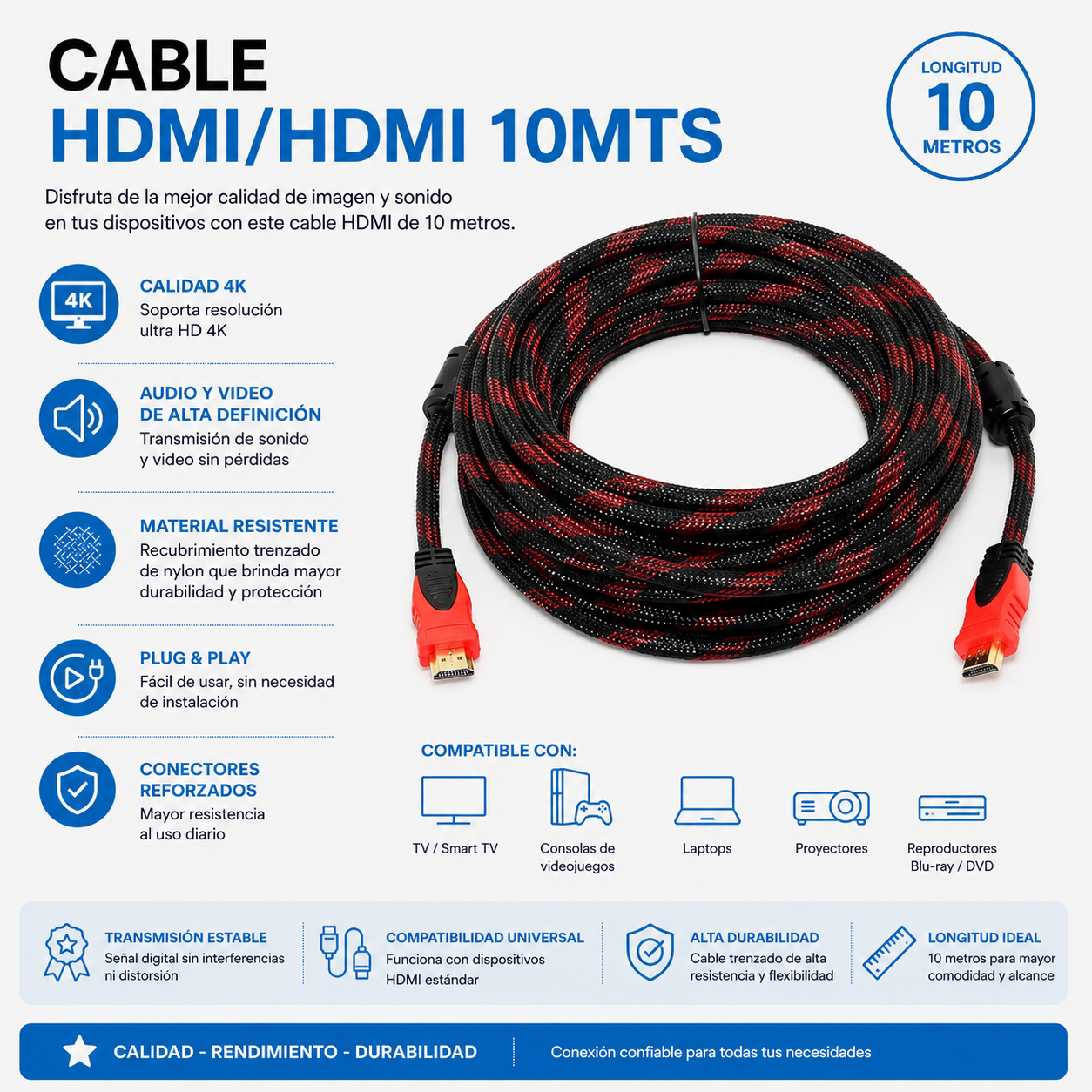 Cable HDMI a HDMI 10 Metros – Alta Velocidad para Audio y Video en Alta Definición