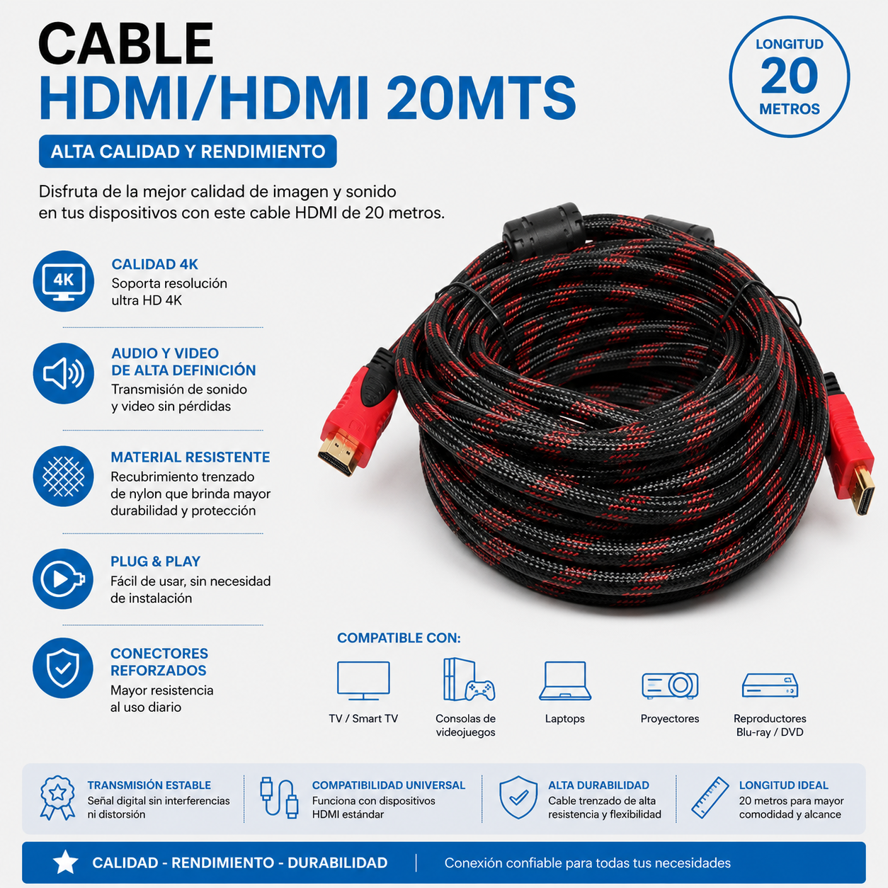 Cable HDMI a HDMI 20 Metros – Alta Velocidad para Audio y Video en Alta Definición