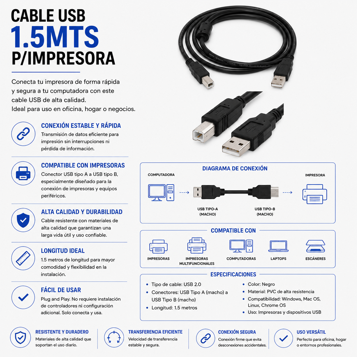 CABLE USB PARA IMPRESORA 1.5 Metros