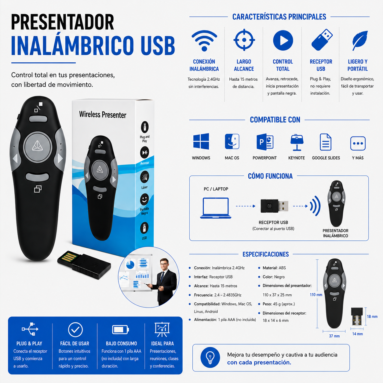 PRESENTADOR INALAMBRICO USB PARA PRESENTACIONES 2.4Ghz