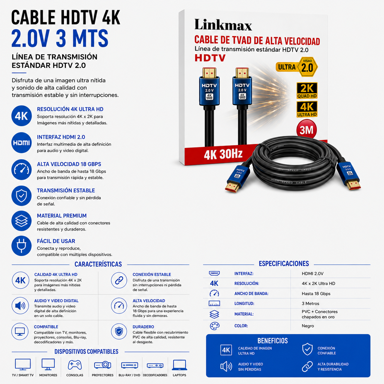 CABLES HDTV 4K HDMI 2.0V – 3 Metros