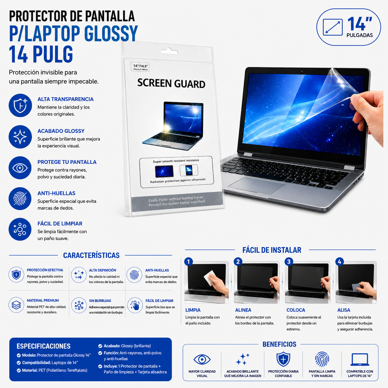 PROTECTOR DE PANTALLA GLOSSY PARA LAPTOP 14 Pulgadas