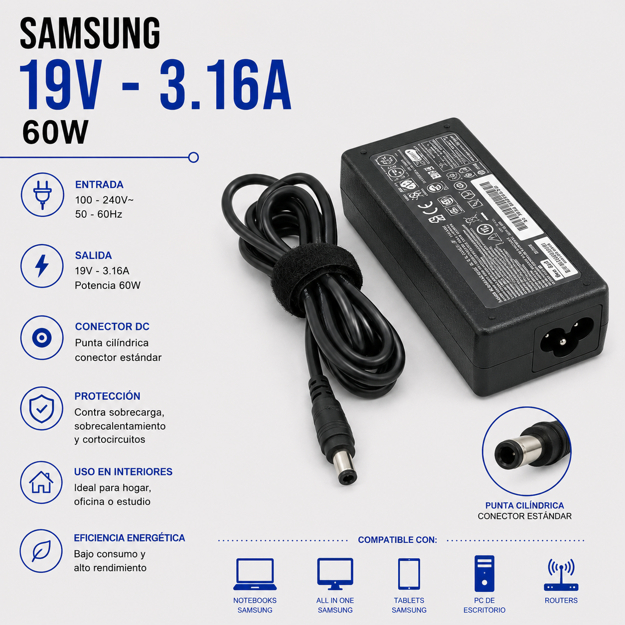 Cargador para Laptop Samsung 19V 3.16A – 60W