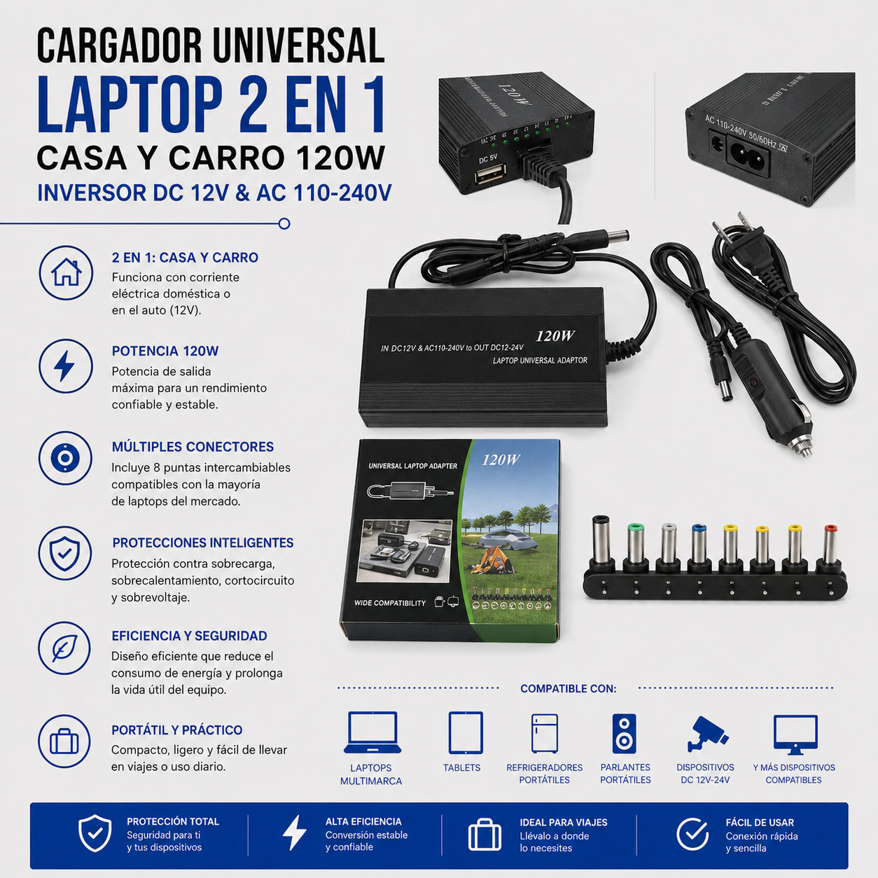Cargador Universal para Laptop 2 en 1 Casa y Auto 120W – DC 12V & AC 110–240V