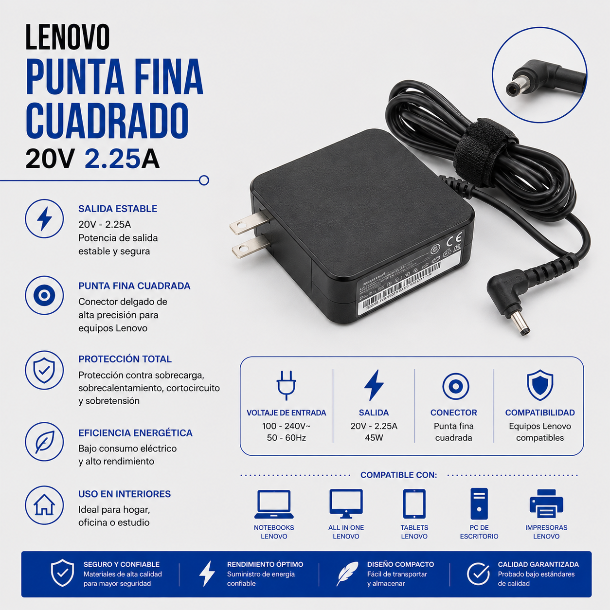 Cargador para Laptop Lenovo 20V 2.25A – Punta Fina Cuadrada