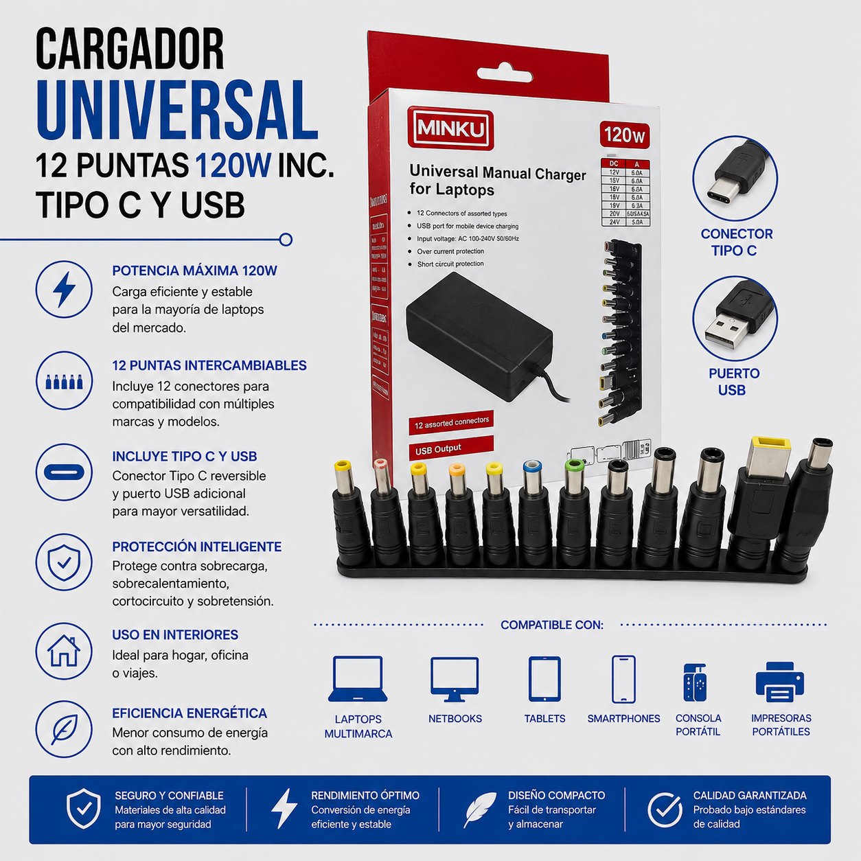Cargador Universal para Laptop 120W – 12 Puntas Incluye USB Tipo-C y Punta USB