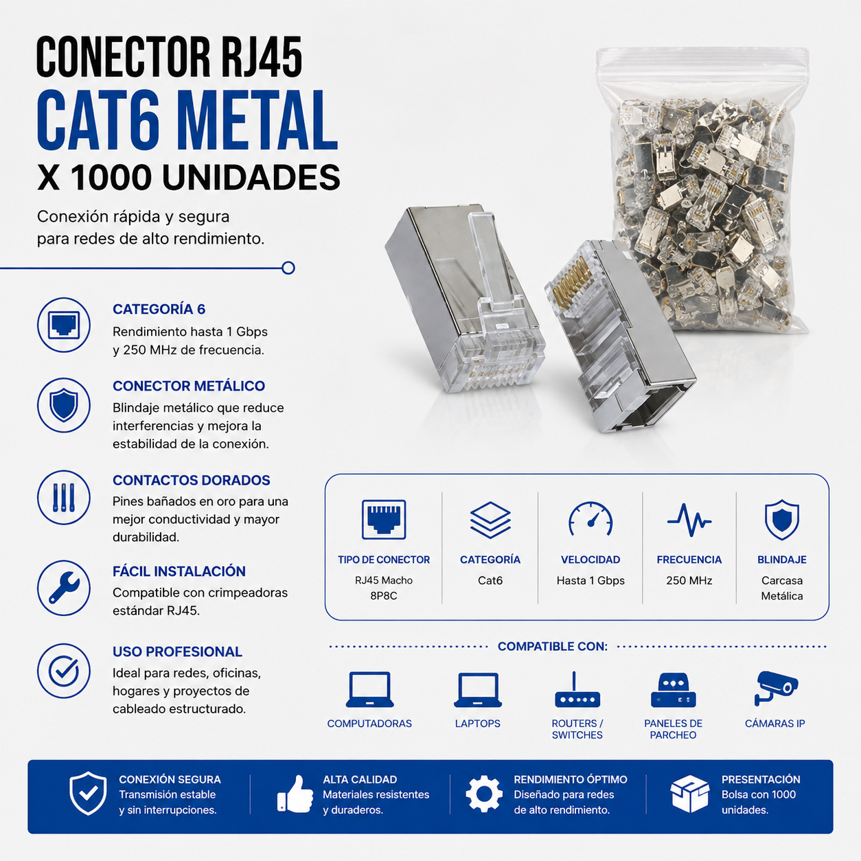 Conector RJ45 CAT6 Metálico – Bolsa x 1000 Unidades