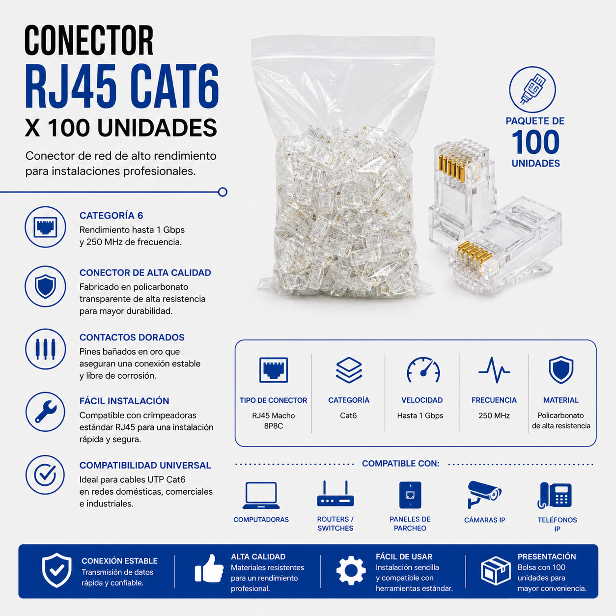 Conector RJ45 CAT6 – Bolsa x 100 Unidades