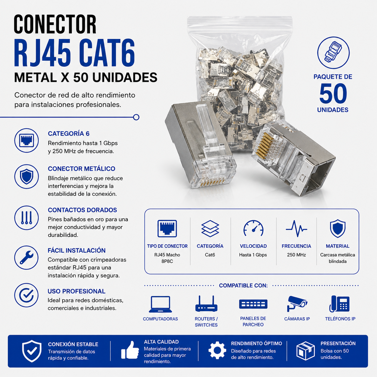 Conector RJ45 CAT6 Metálico – Bolsa x 50 Unidades