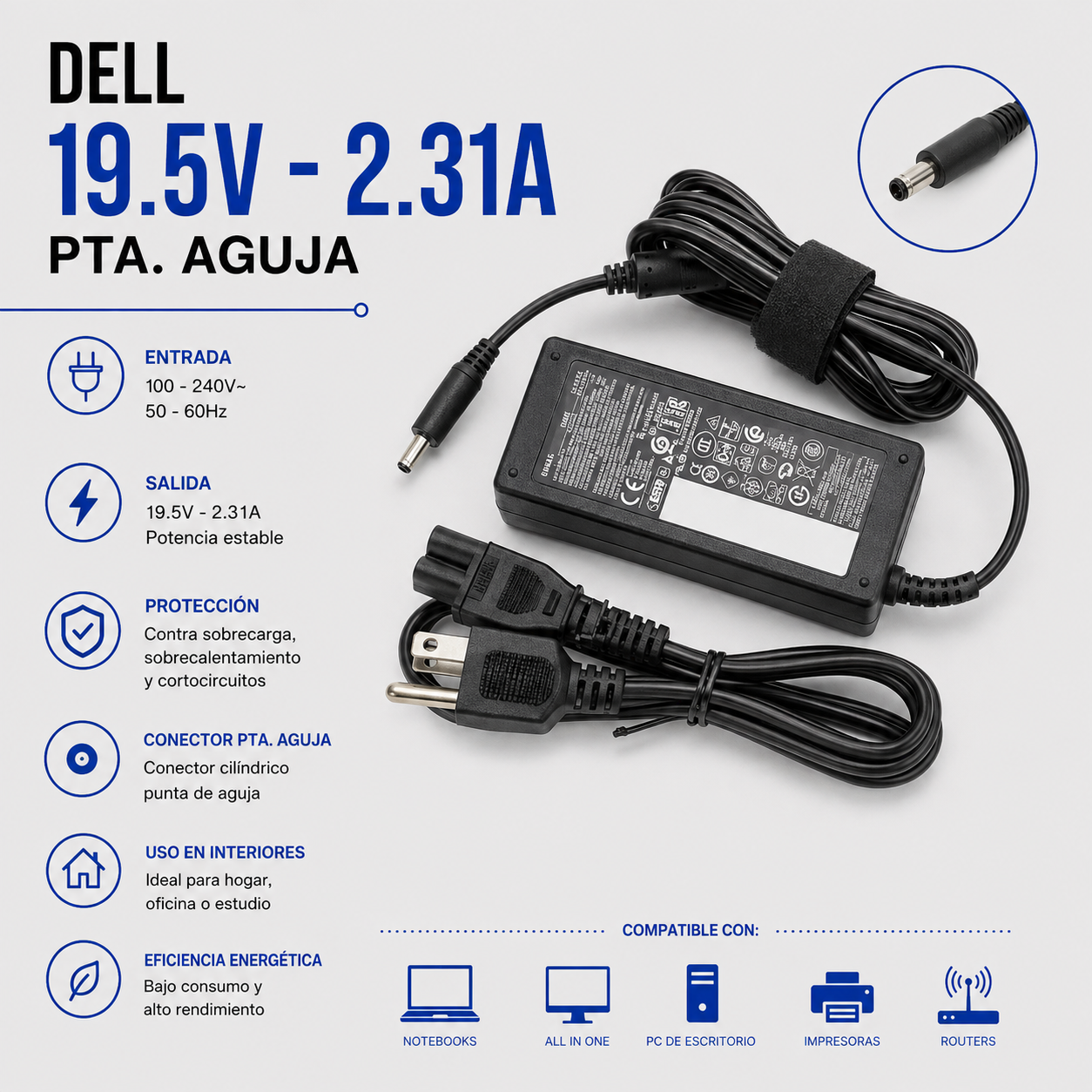 Cargador para Laptop Dell 19.5V 2.31A – Punta Aguja