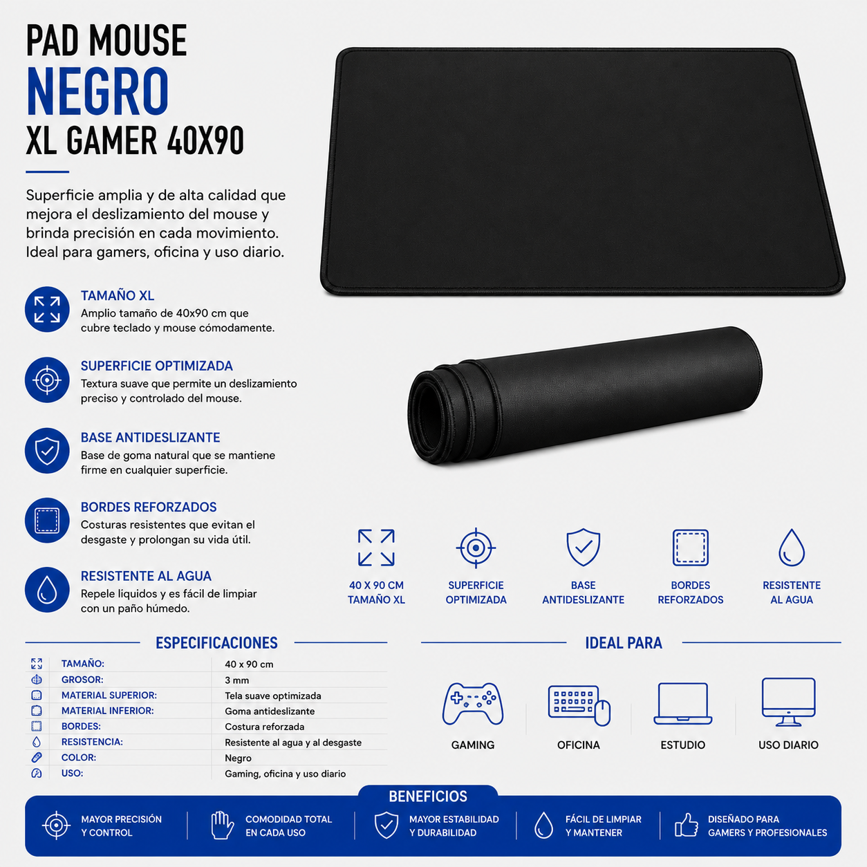 Pad Mouse Negro XL Gamer 40 × 90 cm