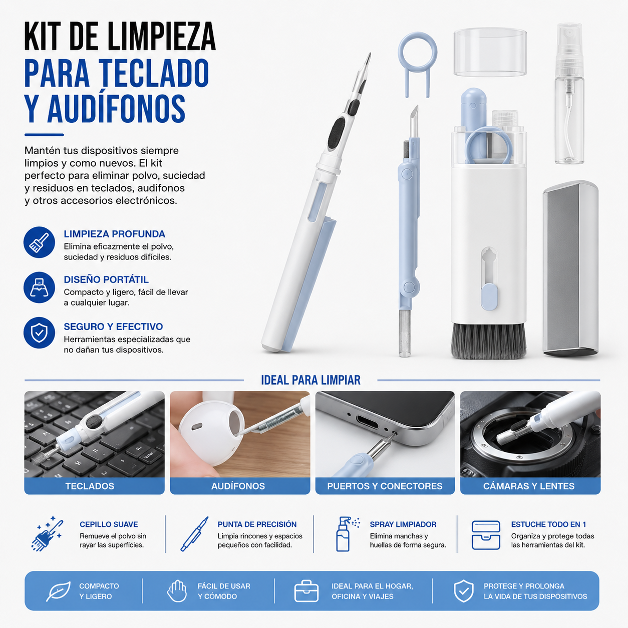 Kit de Limpieza para Teclado y Audífonos – Multifunción