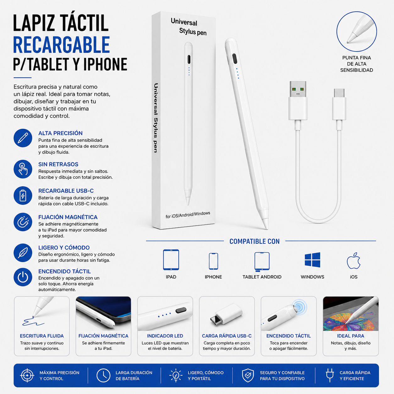 Lápiz Táctil Recargable Universal para Tablet, iPad y Smartphone