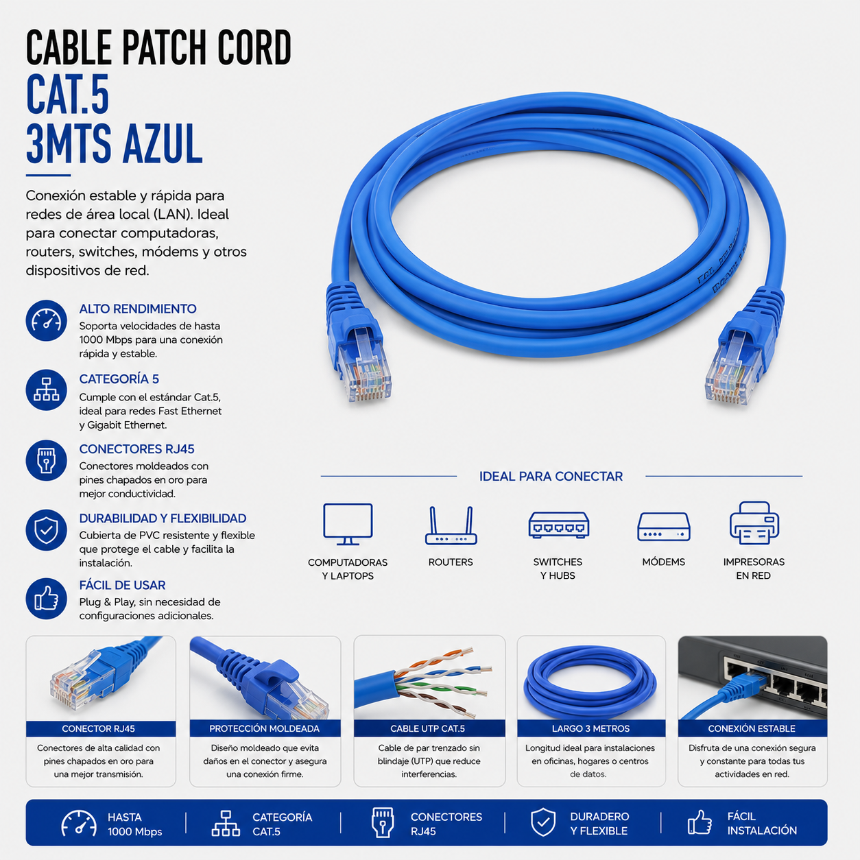 Cable Patch Cord CAT.5e 3 Metros Azul