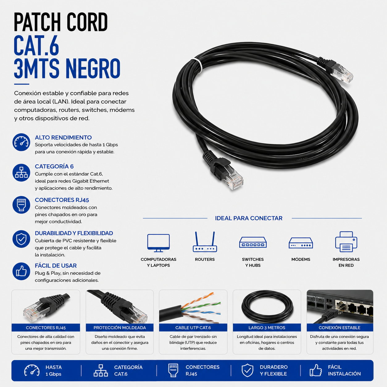 Cable Patch Cord CAT.6 3 Metros Negro