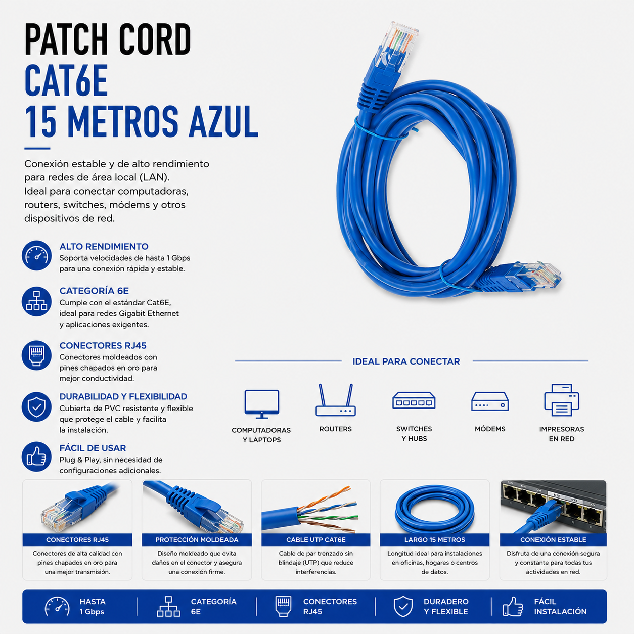 Cable Patch Cord CAT.6 15 Metros Azul