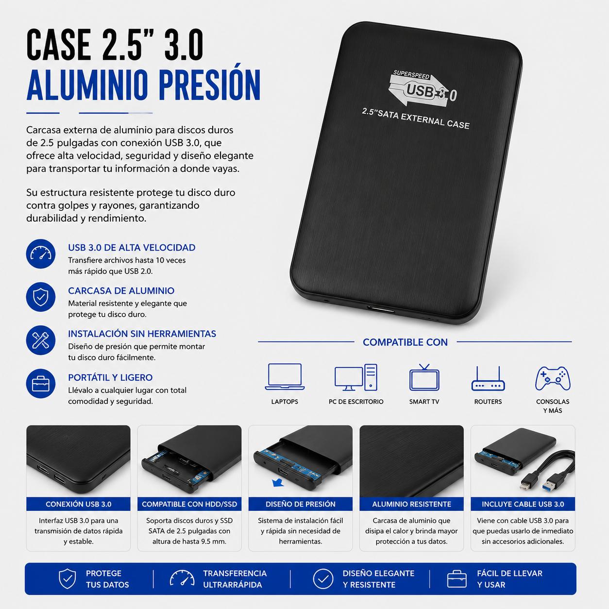 Case para Disco Duro Externo 2.5" USB 3.0 de Aluminio