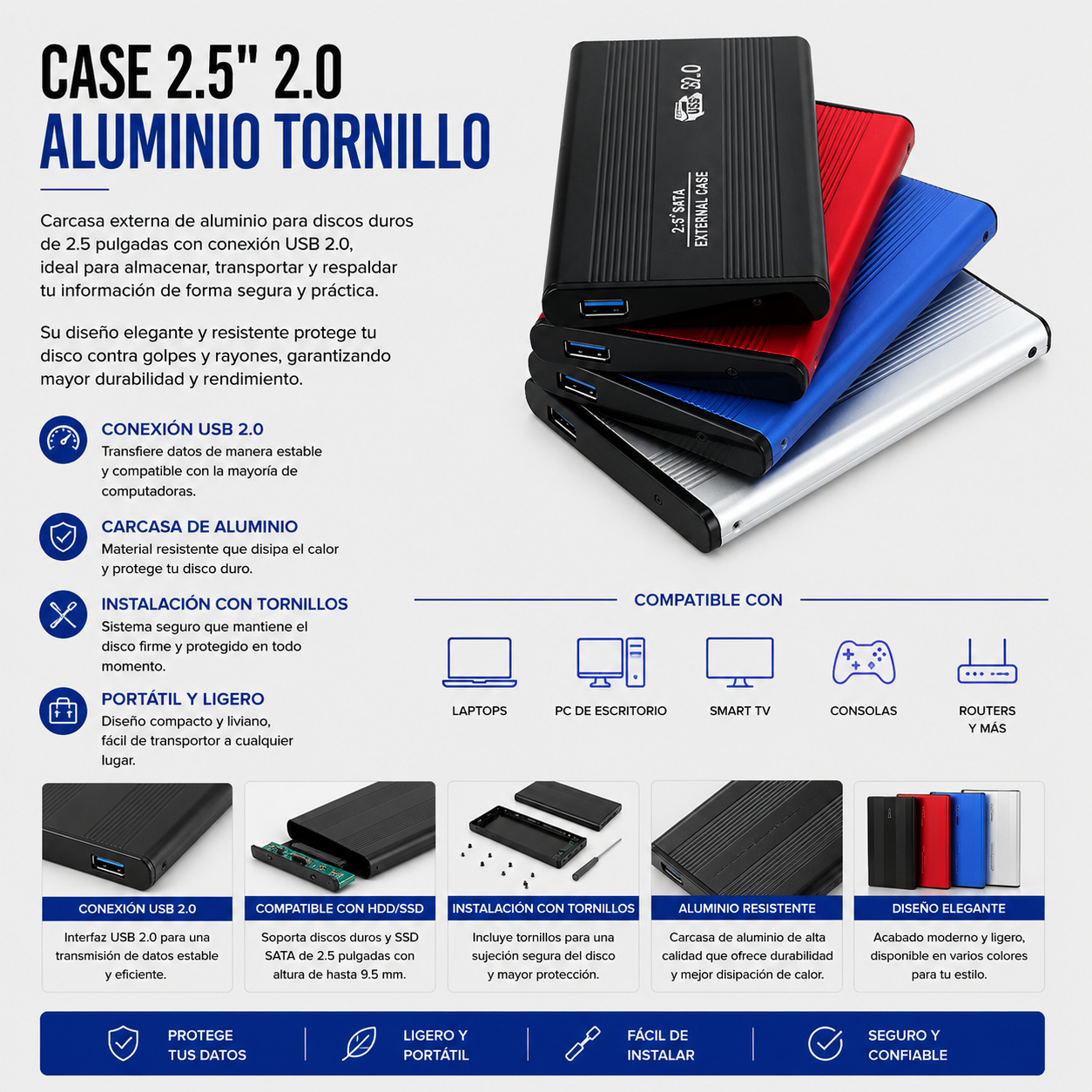 Case para Disco Duro Externo 2.5" USB 2.0 de Aluminio con Tornillos