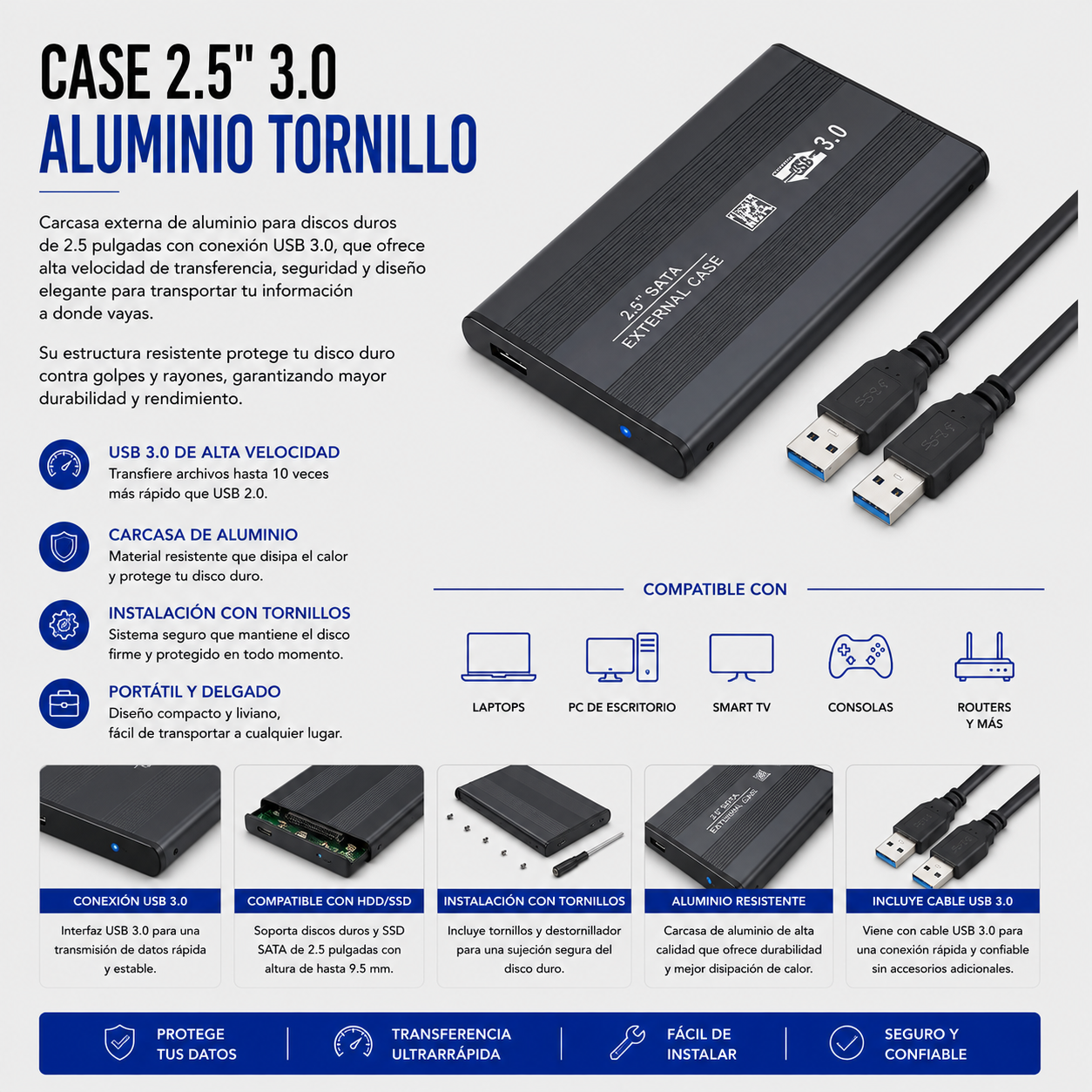 Case para Disco Duro Externo 2.5" USB 3.0 de Aluminio con Tornillos