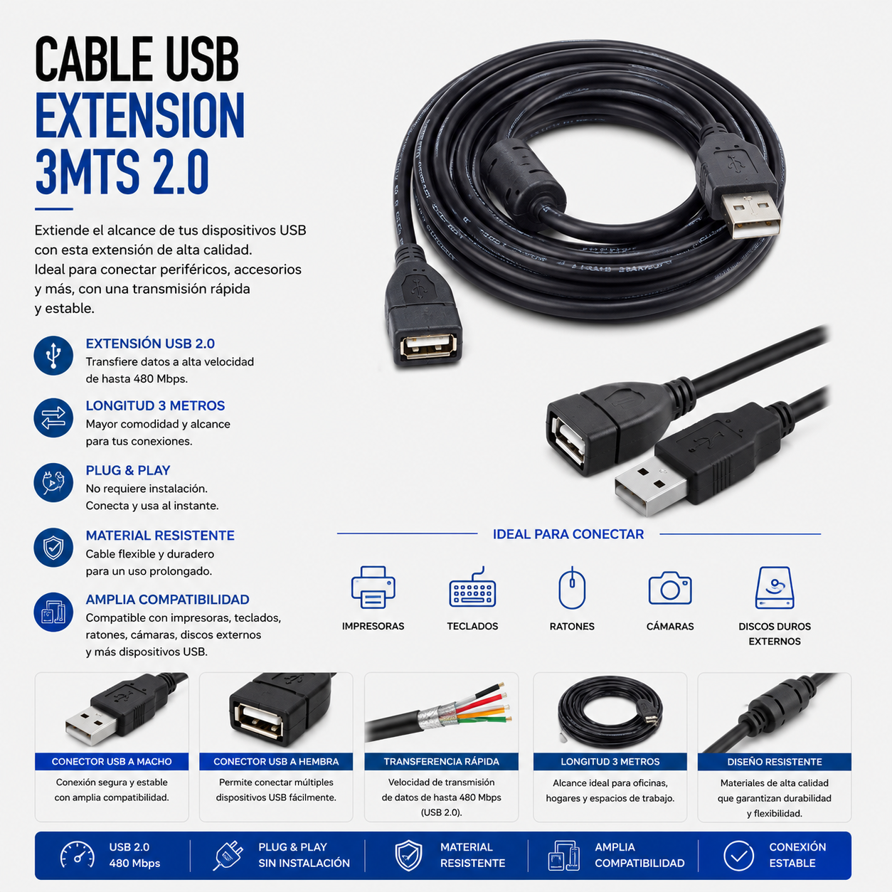 Cable USB Extensión 3 Metros USB 2.0