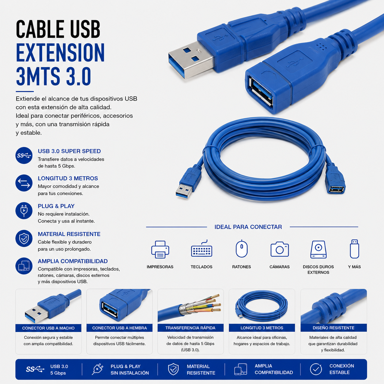 Cable USB Extensión 3 Metros USB 3.0