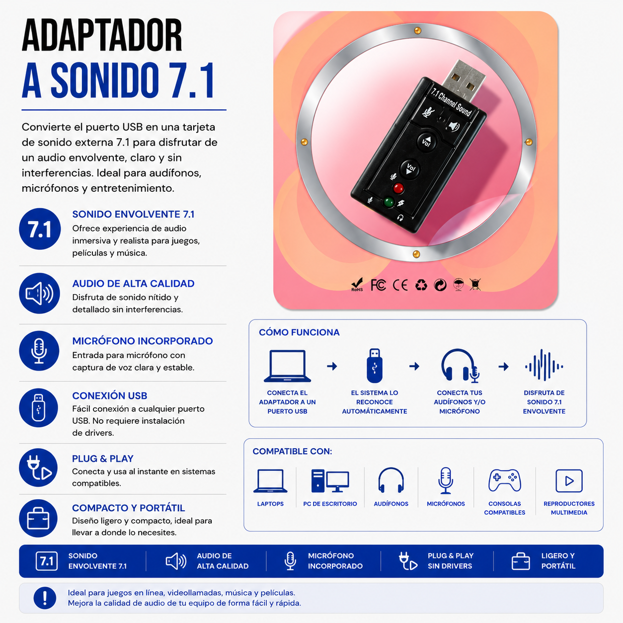 Adaptador USB a Sonido 7.1