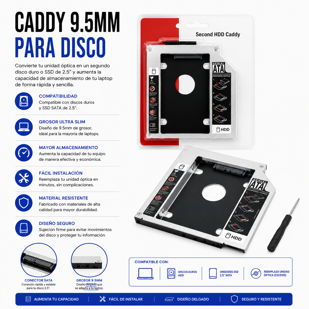 Caddy SATA 9.5 mm para Segundo Disco Duro / SSD de Laptop