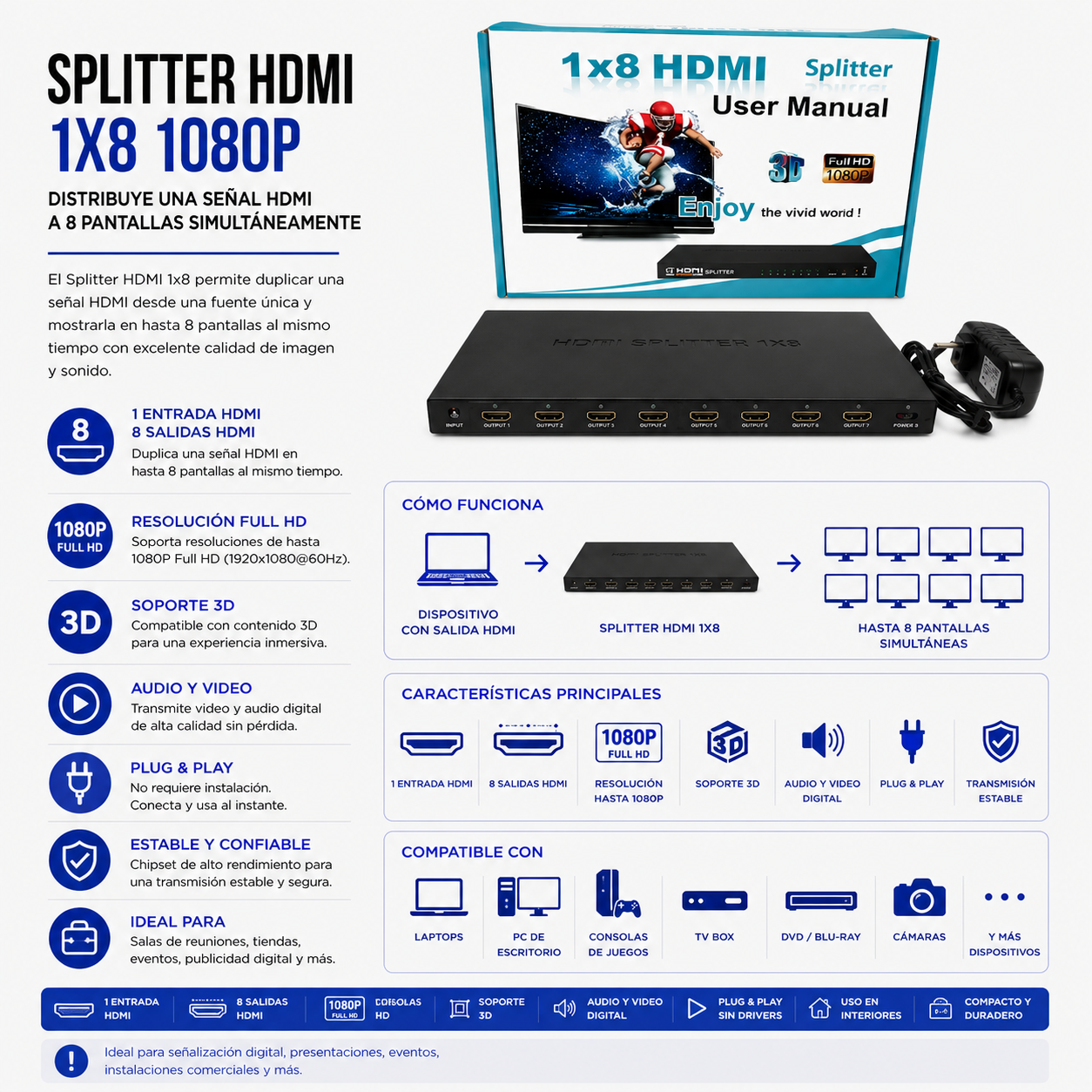 Splitter HDMI 1x8 Full HD 1080P