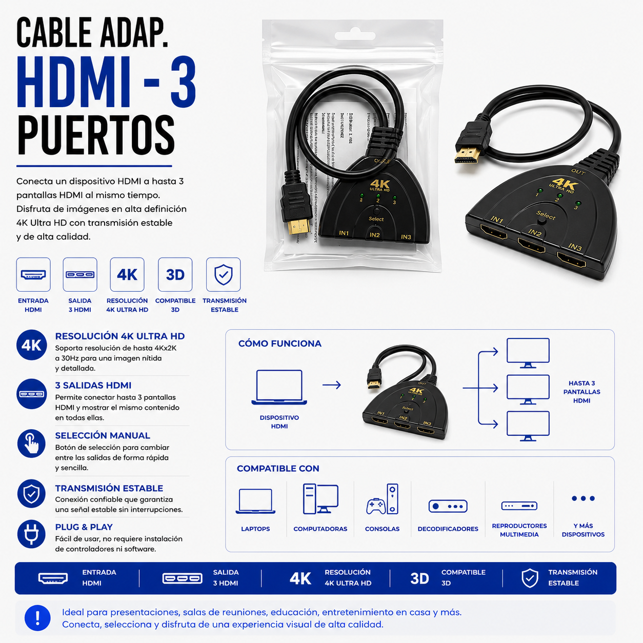 Adaptador HDMI 3 Puertos Bidireccional 4K