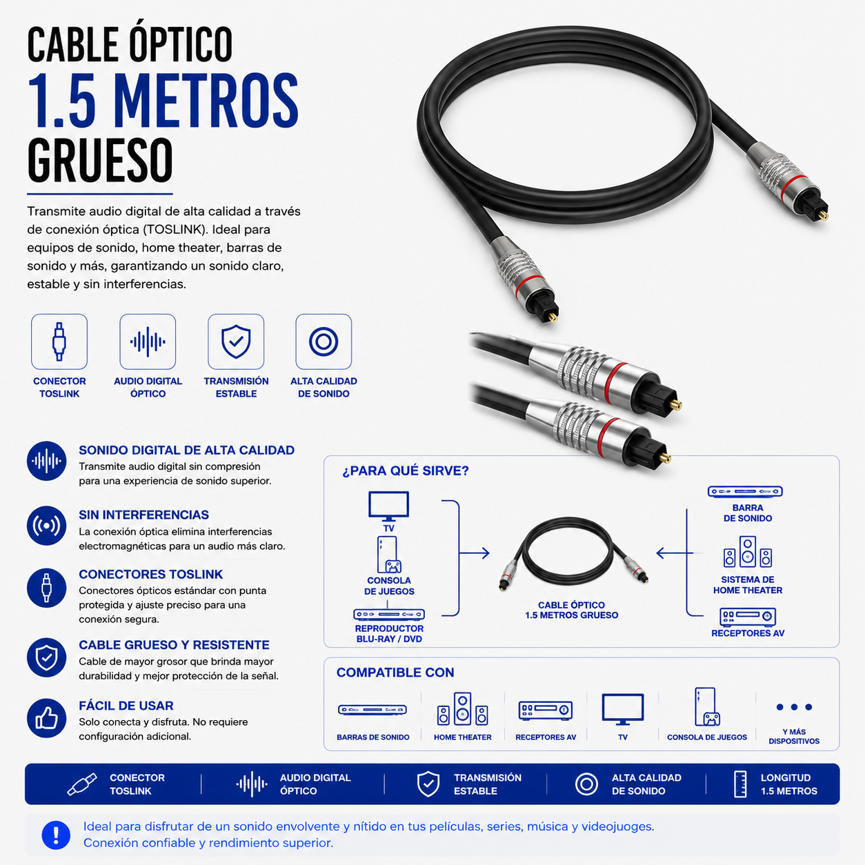 Cable Óptico de Audio TOSLINK 1.5 Metros Grueso