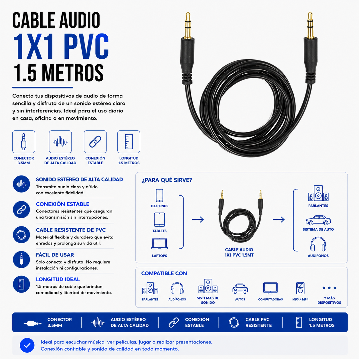 Cable de Audio Auxiliar 3.5 mm Macho a Macho – 1.5 Metros PVC