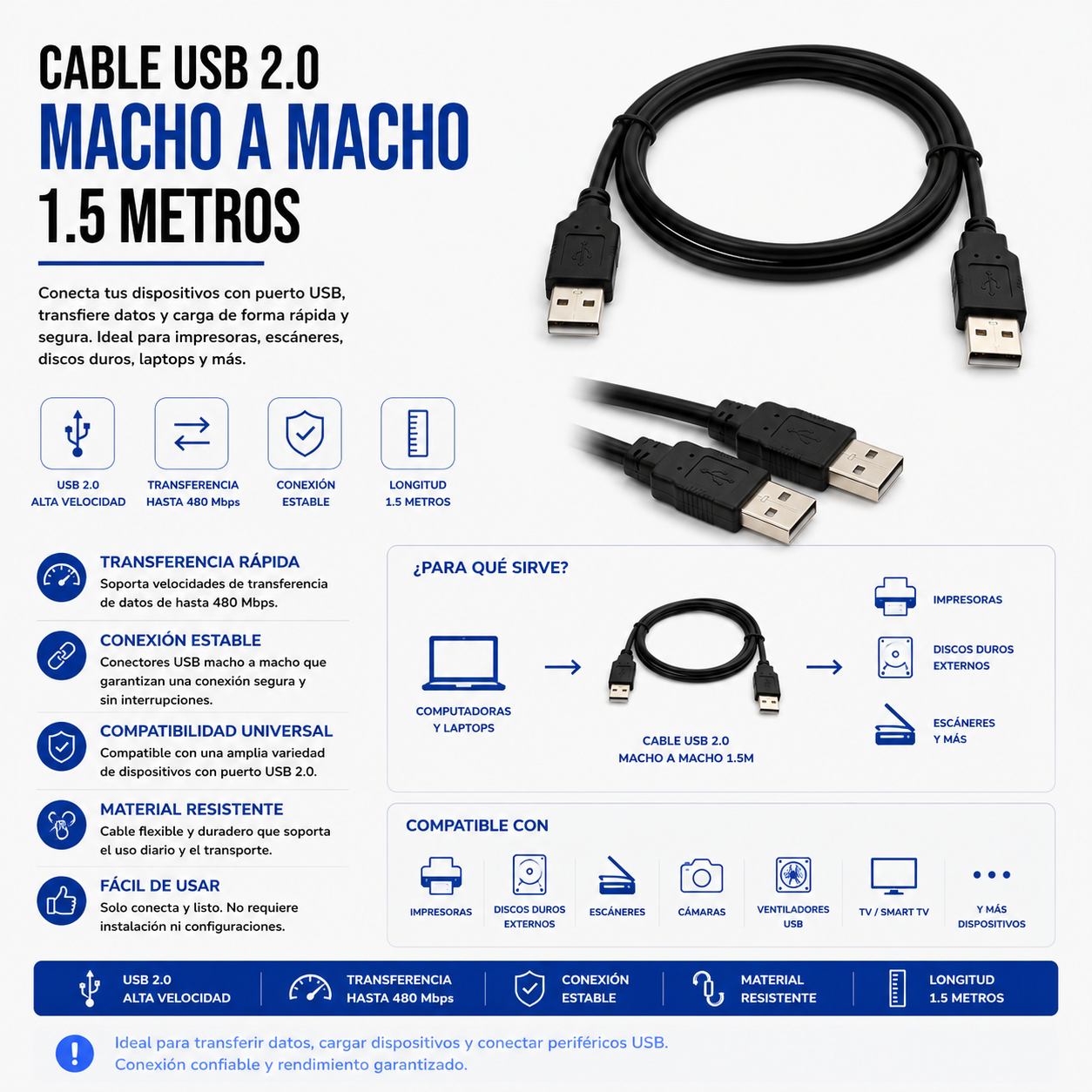 Cable USB 2.0 Macho a Macho – 1.5 Metros