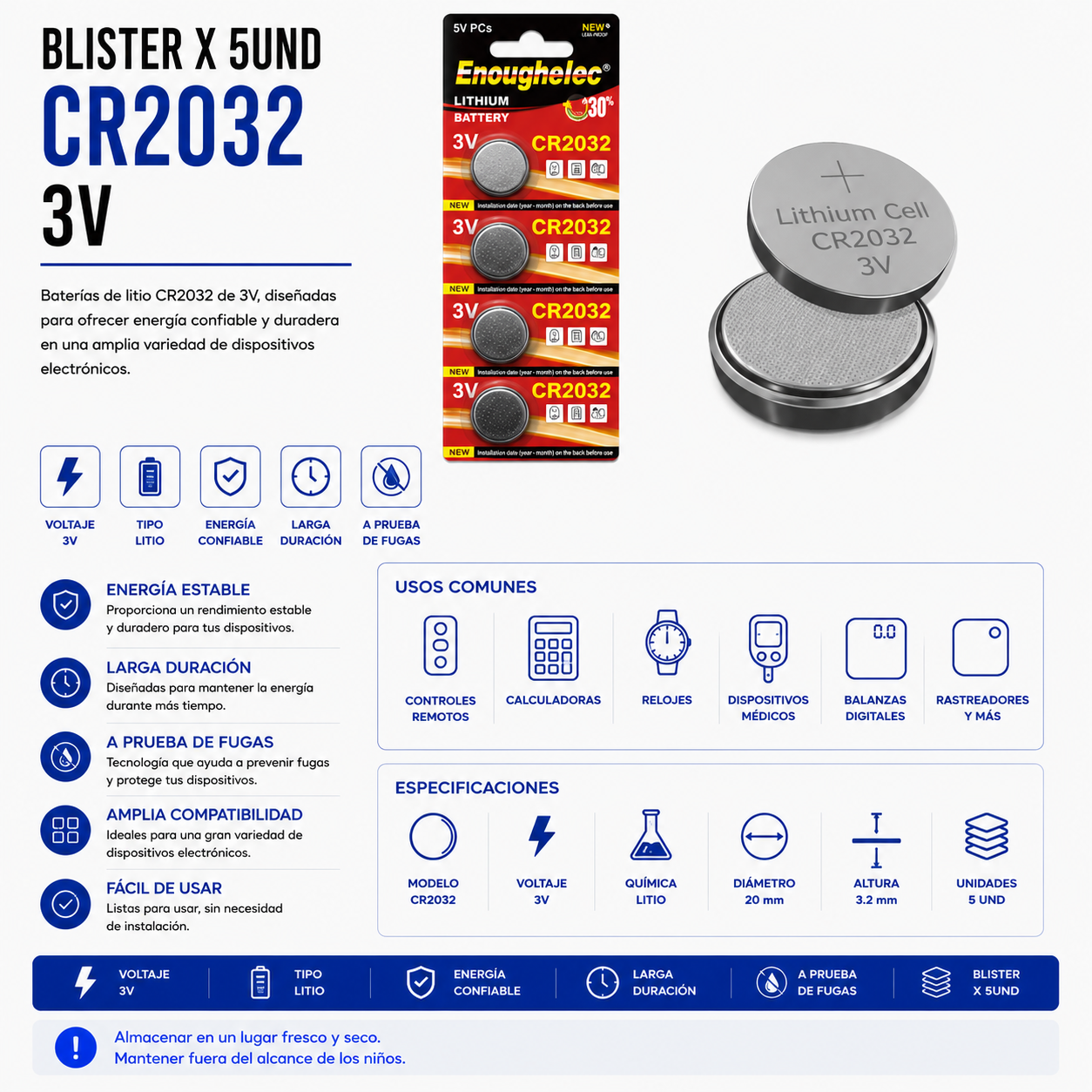 Batería de Litio CR2032 3V – Blíster x 5 Unidades
