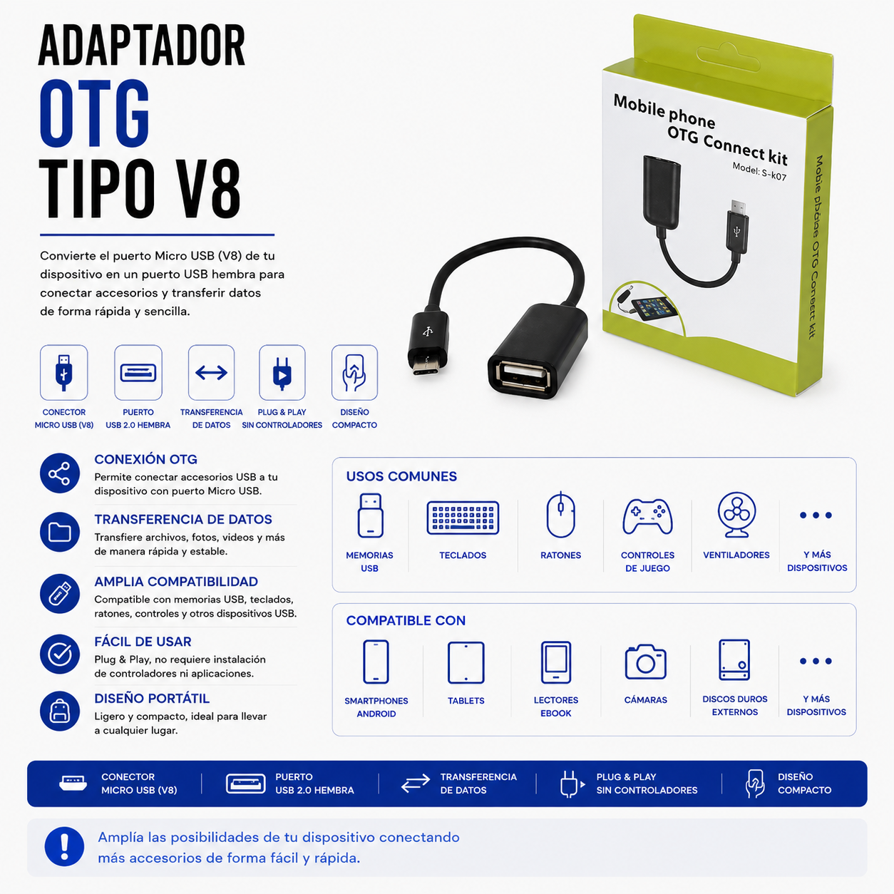 Adaptador OTG Micro USB (Tipo V8) a USB Hembra