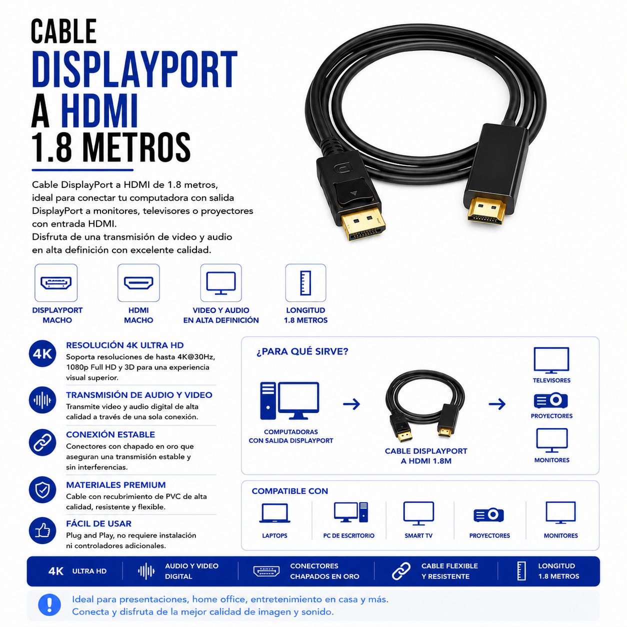 Cable DisplayPort a HDMI – 1.8 Metros