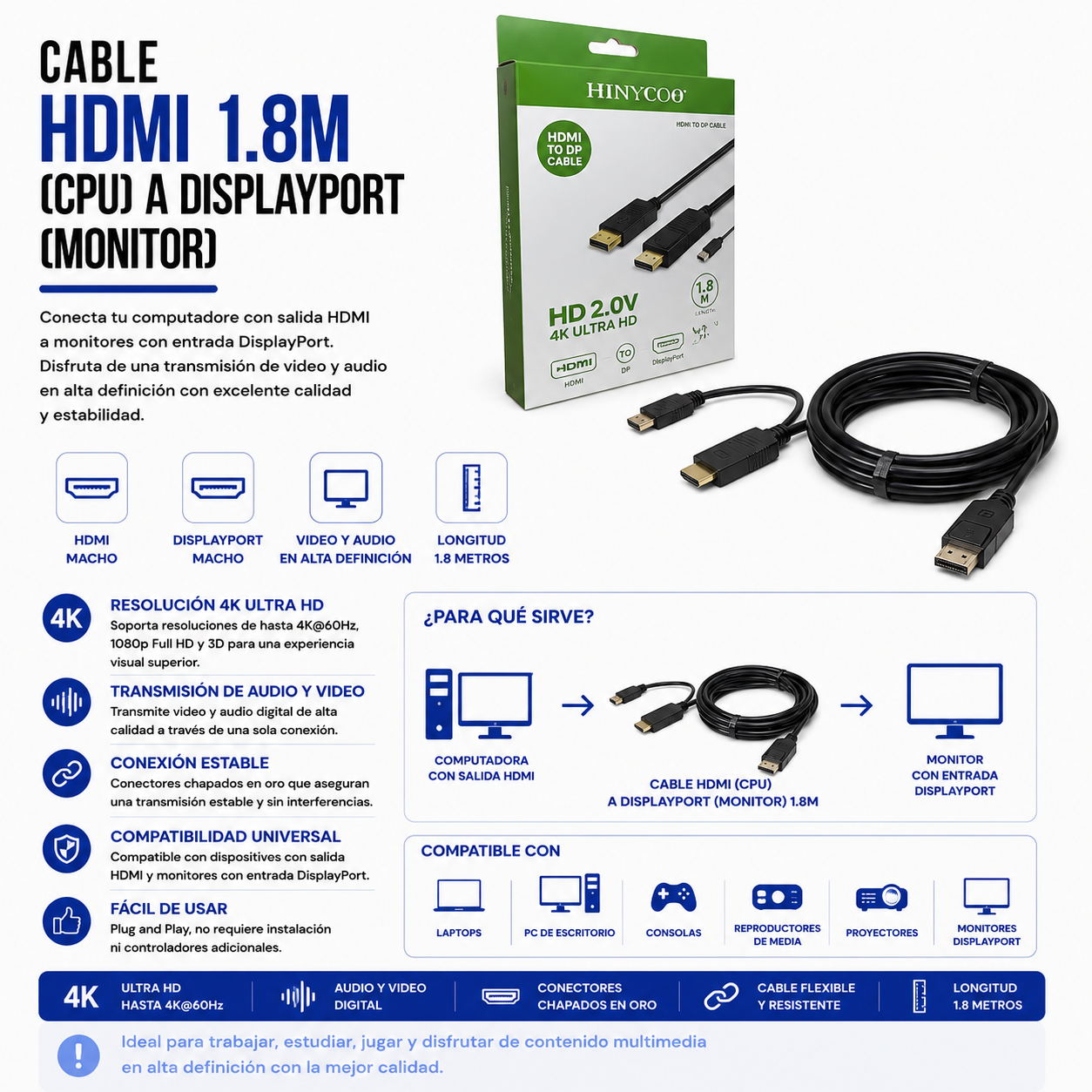 Cable HDMI a DisplayPort – 1.8 Metros (HDMI → DisplayPort)