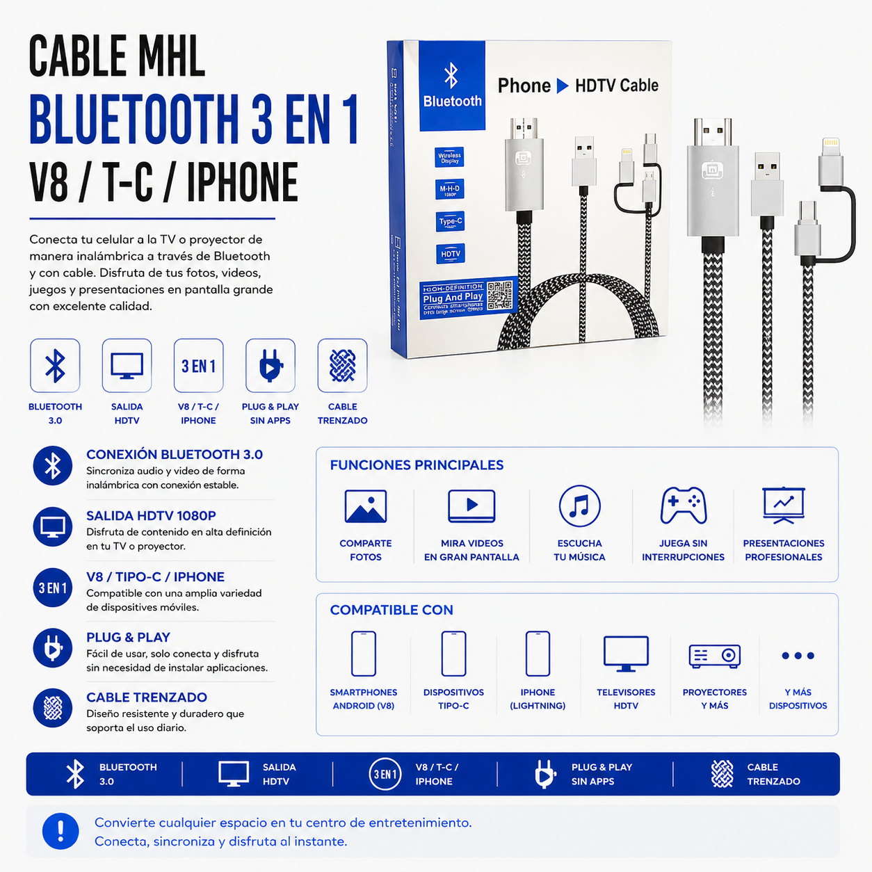 Cable MHL para Celular 3 en 1 – Micro USB, USB Tipo-C y Lightning a HDMI