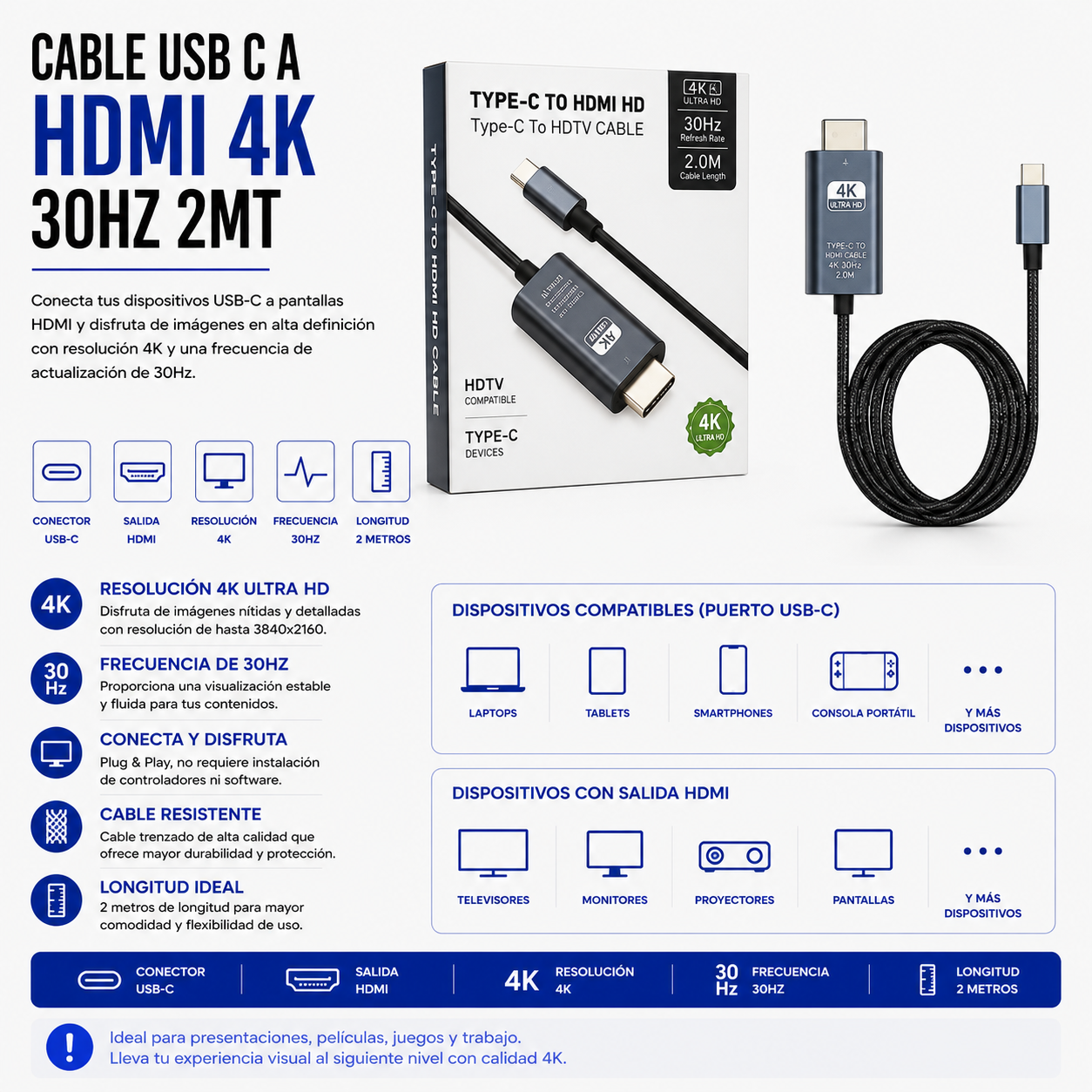 Cable USB Tipo-C a HDMI 4K 30Hz – 2 Metros