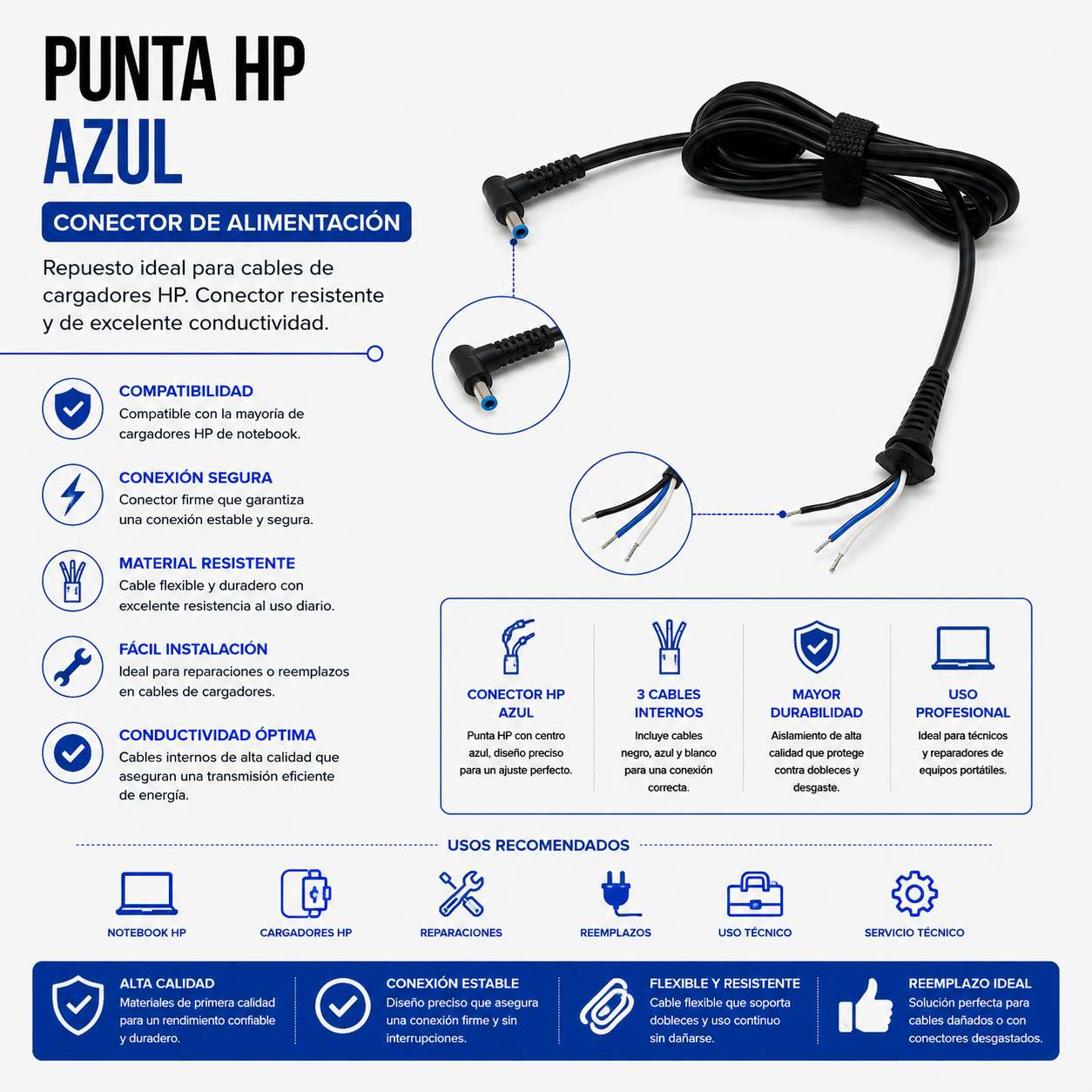 Cable de Repuesto con Punta HP Azul para Cargador de Laptop