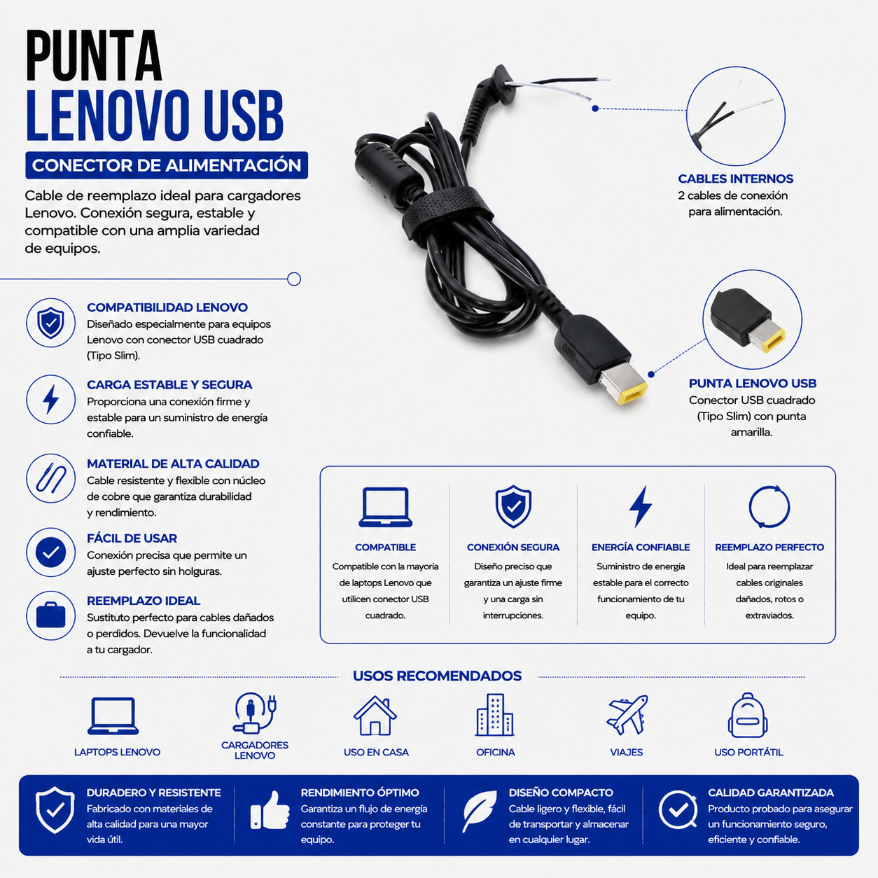 Cable de Repuesto con Punta Lenovo USB (Slim Tip) para Cargador de Laptop