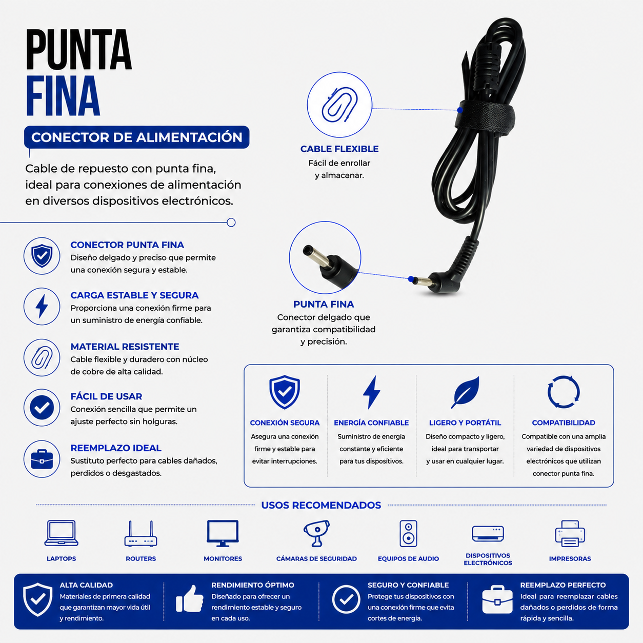 Cable de Repuesto con Punta Fina para Cargador de Laptop