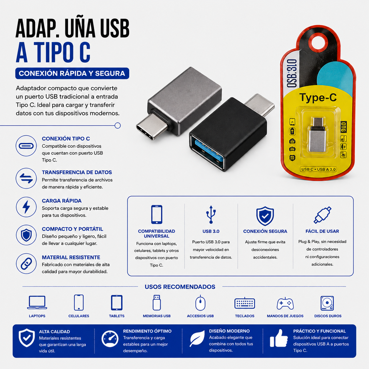 Adaptador USB Hembra a USB Tipo-C Macho (OTG)