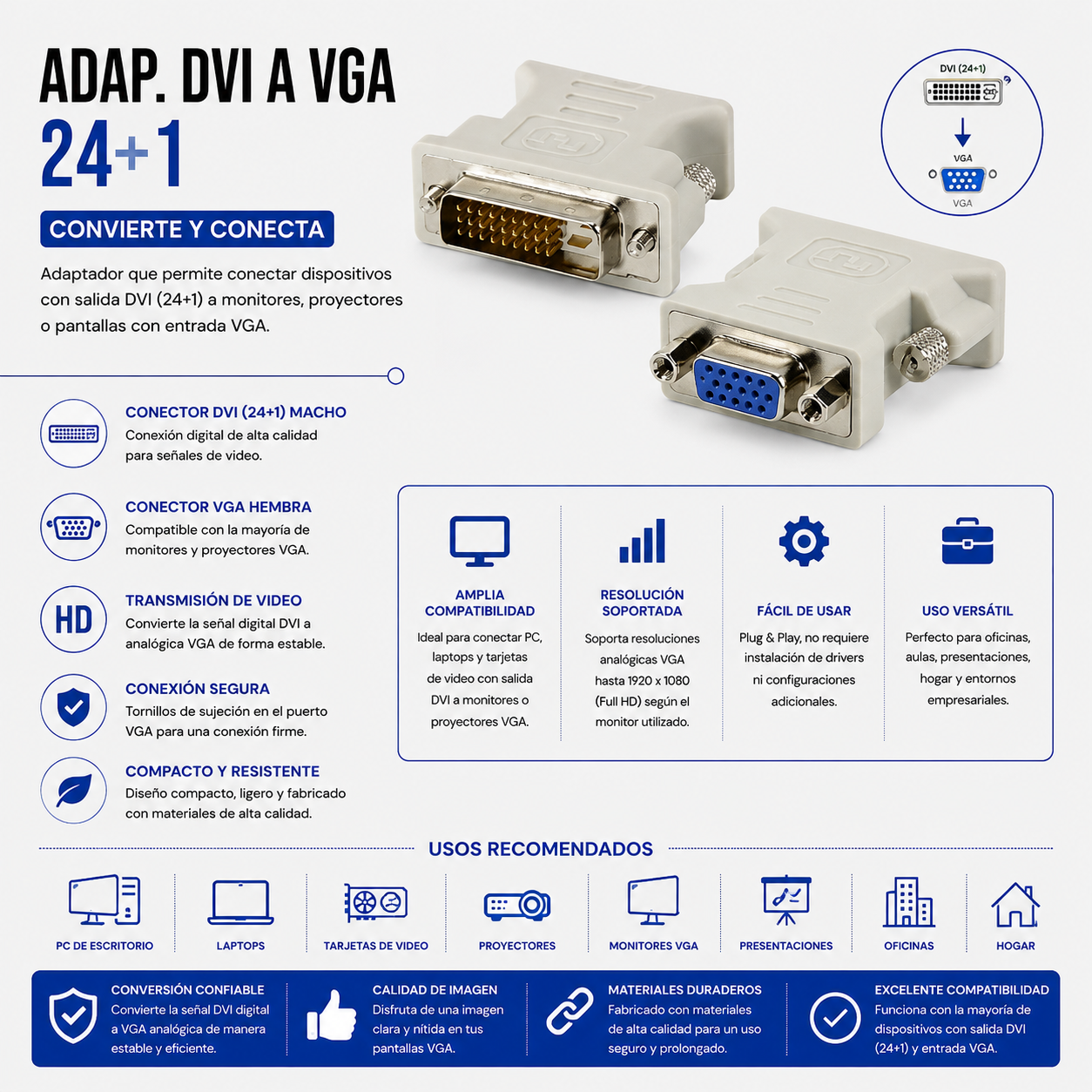 Adaptador DVI 24+1 Macho a VGA Hembra