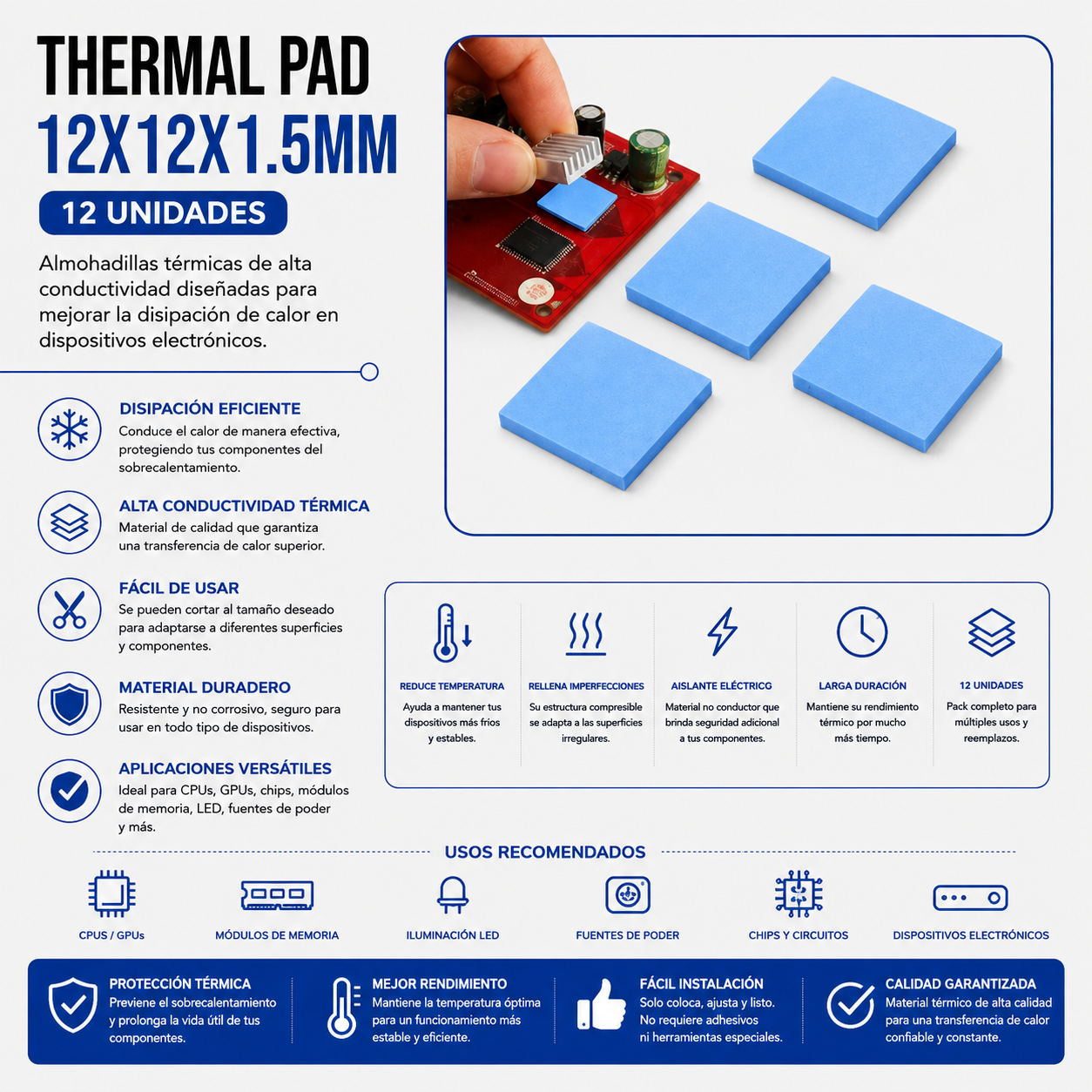 Thermal Pad 12 × 12 × 1.5 mm – Paquete x 12 Unidades