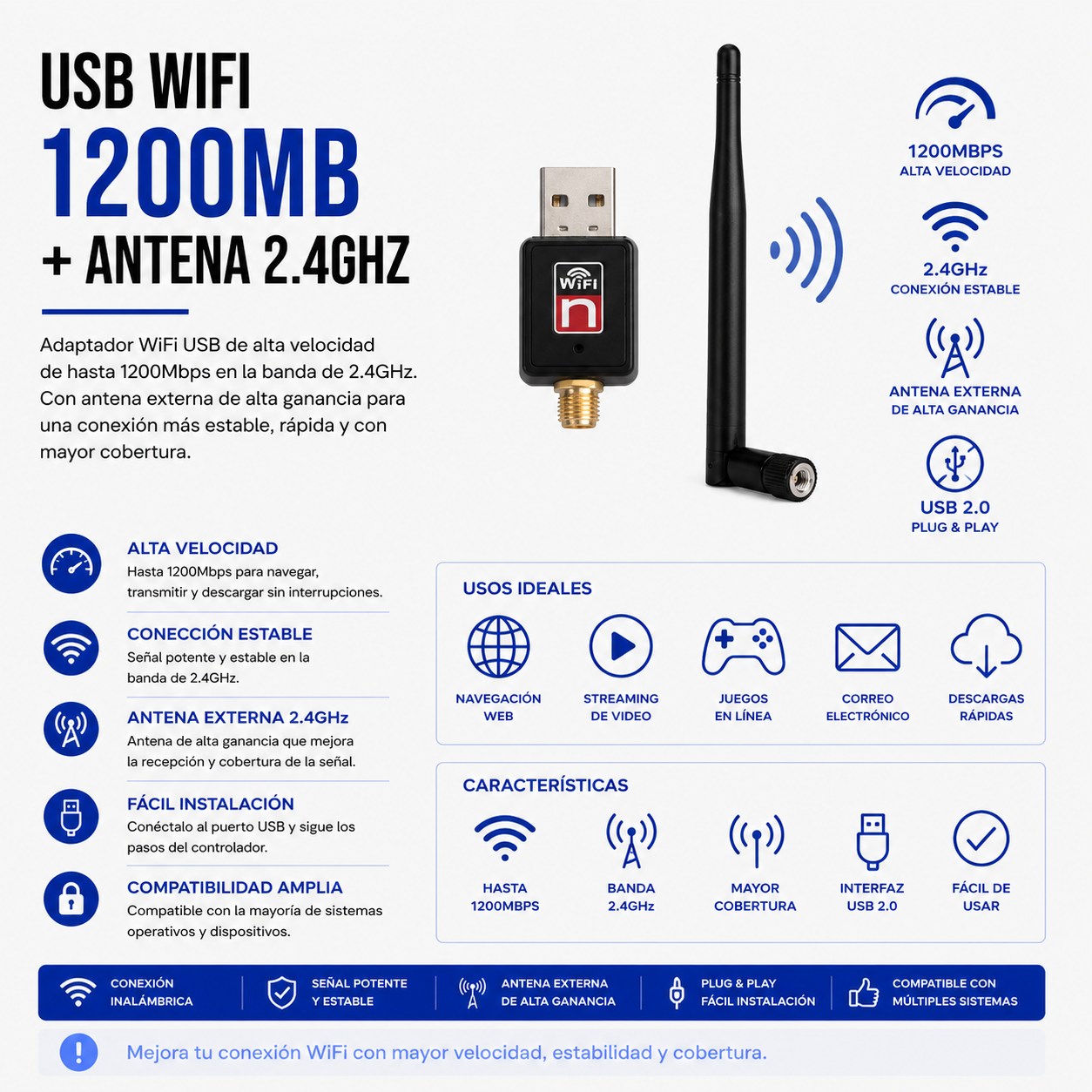 Adaptador USB WiFi 1200 Mbps con Antena Externa 2.4 GHz
